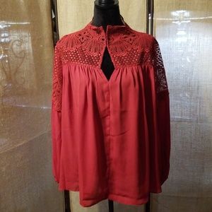 Stunning Boston Proper Red Blouse with Lace Detail